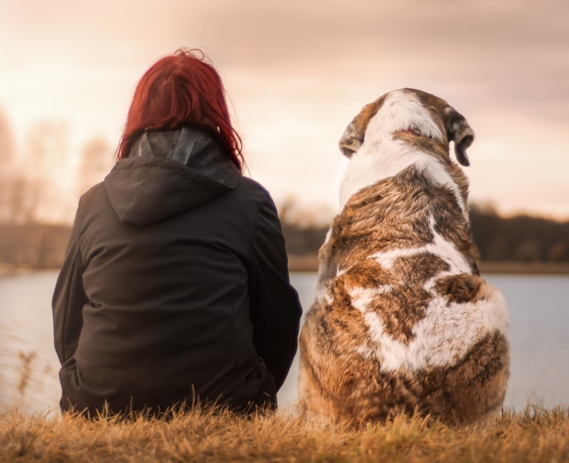 Sitting with dog by lake